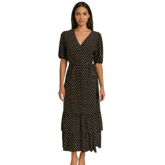 Knox Rose Dresses & Skirts - Knox Rose Black Polka Dot Wrap Dress Small Midi Puff Sleeve Boho Casual